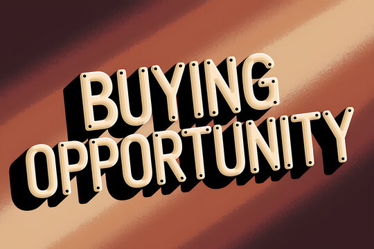 Bold beige-colored letters spell BUYING OPPORTUNITY with small holes against a warm brown gradient background.