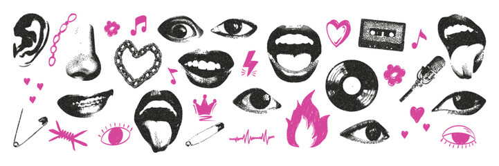 Trendy lips, mouth and eyes with monochrome photocopy effect. Elements in stipple halftone grunge punk doodle scribbles collection. Vector illustration for vintage music poster or banner.