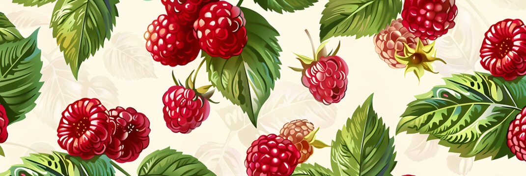 Seamless pattern background illustration featuring ripe red raspberries with green leaves scattered on a light surface. Fruit or botanical wallpaper design.
