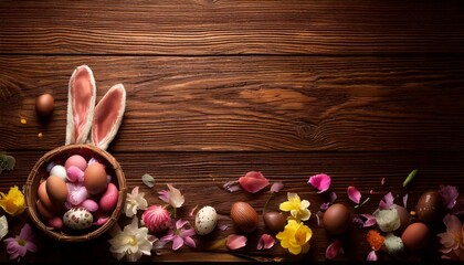 Realistic photo of wooden table with Easter elements such as chocolate eggs, bunny ears and flower petals, space left for overlay message or design