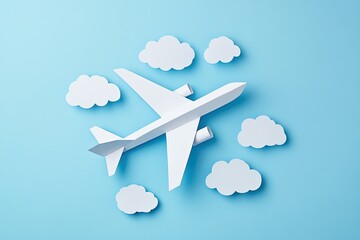 Paper airplane surrounded by clouds on blue background.