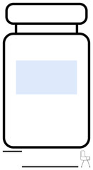 Large rectangular jar with a screw-top lid and blank blue label. Small chair beside jar adds scale and contrast. Ideal for product packaging, storage, organization, simplicity, minimalism, hierarchy