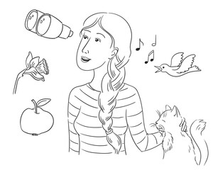 A vector line illustration shows a woman experiencing six sensations: taste, smell, touch, sound, and sight.