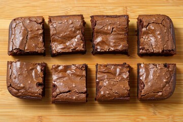 Chocolate brownie squares on cutting board, top view