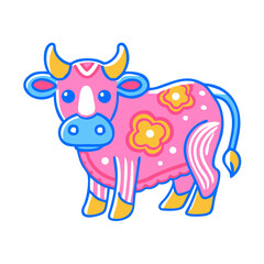 Fototapeta premium Colorful Cartoon Cow with Flowers on White Background