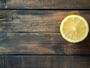Fondo abstracto de una rodaja e limón vista desde arriba sobre una mesa con tablones de madera desgastados y antiguos con espacio vacio publicitario