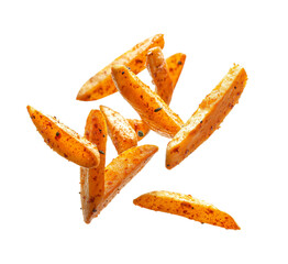 Fresh and crispy, French fires flying, on white background. Spicy fries falling in air.