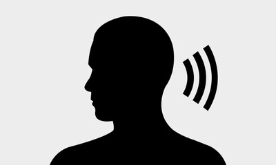 Silhouette of a person listening, audio icon.