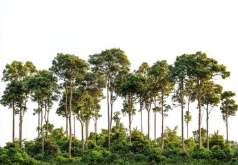Naklejka premium Tall Green Trees Standing in a Lush Forest with Bright Sky in the Background, Ideal for Nature and Outdoor Themes in Stock Photography