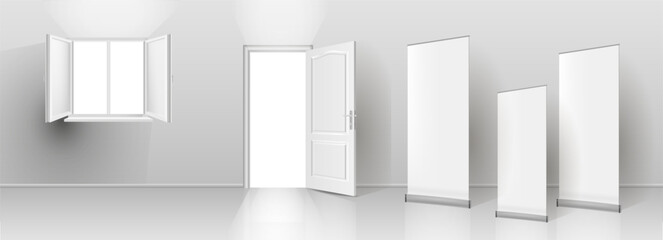 A pillar and a white plastic window frame on a neutral background.
 Wide realistic open window with slopes and window sill,
office. Layout of a template for interior design.
 Vector illustration
