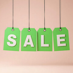 Green sale tags hanging against a pale pink background.