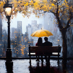 A couple is sitting on a bench under an umbrella. Generated using AI.