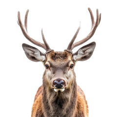 Studio image of male deer with alert eyes and wide antlers isolated on white background