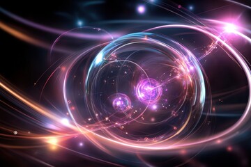 Vibrant abstract representation of atomic particles in a cosmic setting with glowing lights