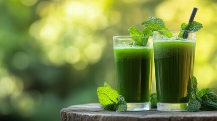 Two glasses of vibrant green juice, garnished with fresh mint leaves, on a wooden surface with copy space.