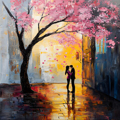 A couple is kissing under a tree. Generated using AI.