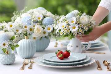 A beautifully decorated outdoor table with summer flowers and strawberries