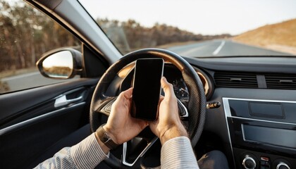 Car driver using cellphone while driving. danger driving