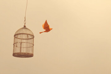Empty rusty birdcage hangs, orange origami bird flies free, symbolizing freedom, hope, and new beginnings against a beige background, free space for text