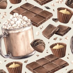 Hot chocolate with marshmallows, truffle candies, milk chocolate, crumbs and bars. Watercolor seamless pattern, suitable for cafe menus, packaging, branding, food blogs and cozy winter designs.