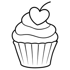 Simple Cupcake Line Art with Heart Frosting