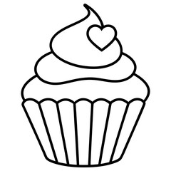Simple Cupcake Line Art with Heart Frosting