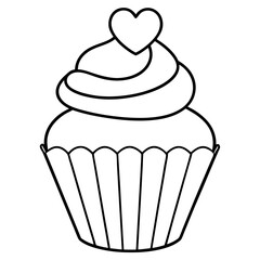 Simple Cupcake Line Art with Heart Frosting