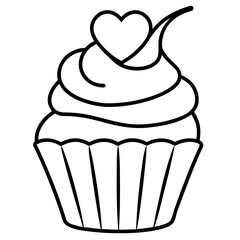 Simple Cupcake Line Art with Heart Frosting