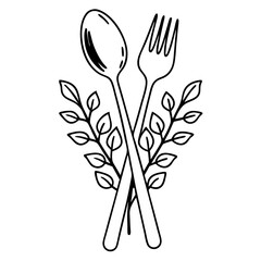 Fork and spoon with plant stem and leaves logo icon. Eco plant-based eating vector.