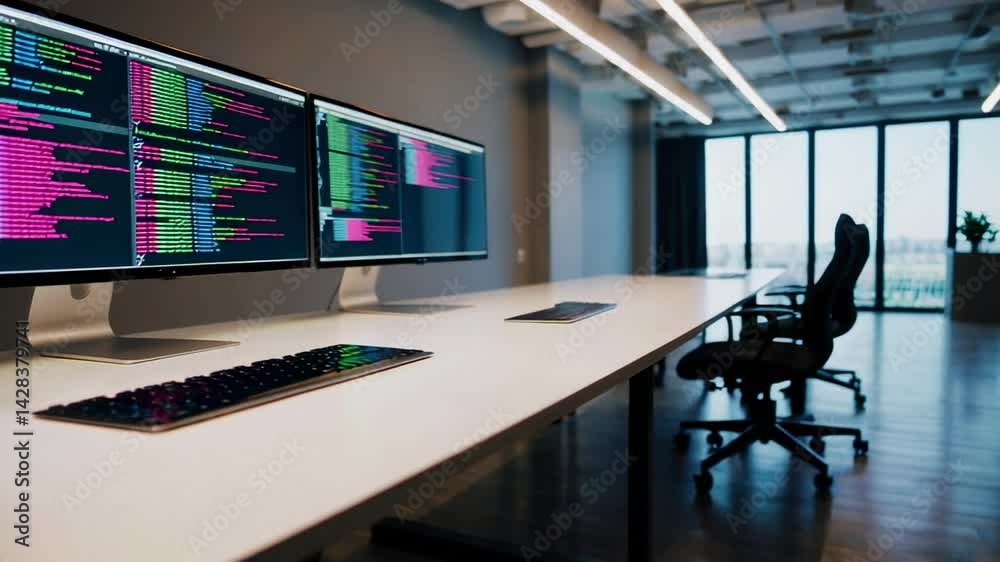Aufkleber Multiple computer monitors display lines of programming code in a contemporary office setting, showcasing a high tech workspace designed for software development and coding activities