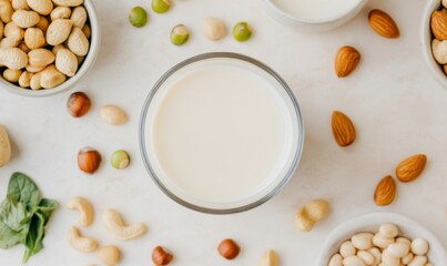 Vegan Milk Glass Surrounded by Almonds, Cashews, and Soybeans. Concept Plant-based Lifestyle, Nut Milk Alternatives, Healthy Snacking, Dairy-free Options 