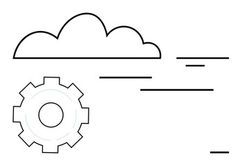 Cloud outline with horizontal lines indicating motion and gear symbolizing technology, automation, and data. Ideal for technology, data management, cloud computing, innovation, automation, IT