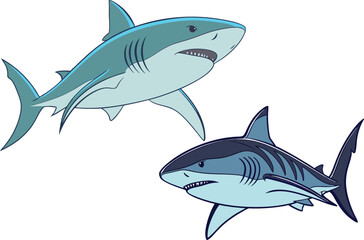 Obraz premium Cartoon Sharks Swimming Dynamic & Expressive Ocean Illustration