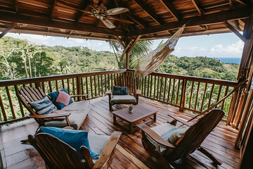 Fototapeta premium Serene Hilltop Deck with Panoramic Jungle Views
