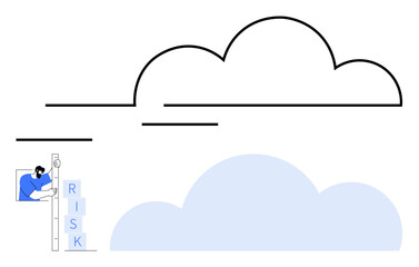 Person climbing a ladder labeled risk, approaching stylized cloud elements symbolizing challenges. Ideal for risk management, growth, achievement, strategy, leadership, problem-solving, and a simple