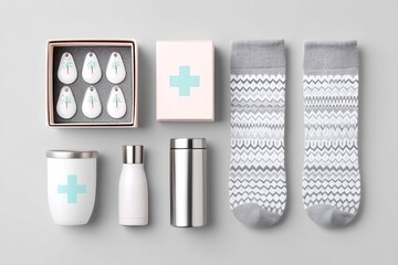 Obraz premium A flat lay of nurse appreciation gifts including badge reel socks and tumbler