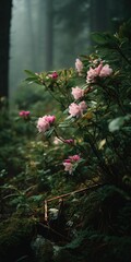 Fototapeta premium Misty Forest Rhododendrons: A Serene Floral Scene