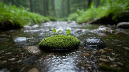 Photorealistic scenic depiction of a clear stream flowing amid moss-covered forest rocks and winding tree roots in springtime