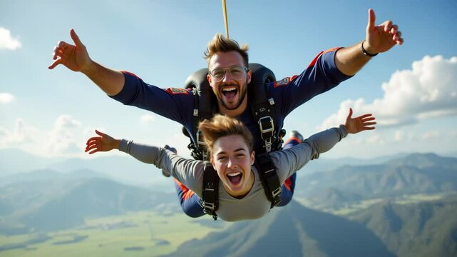 Thrilling Skydiving Adventure with Instructor and Excited Jumper in Clear Blue Sky