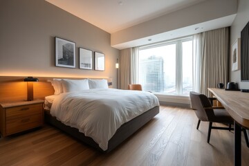 Modern Hotel Room: Tranquil City View, Minimalist Design