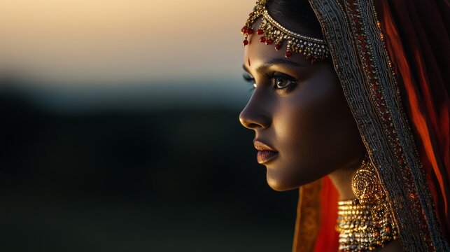 Striking portrait of an indigenous tribal woman adorned with intricate traditional jewelry beneath a warm sunset glow