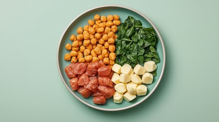 A colorful plate featuring chickpeas, spinach, dried tomatoes, and mozzarella, arranged in a visually appealing manner against a soft green background.