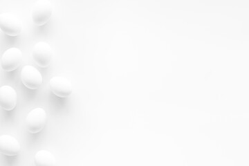 Set of chicken eggs on white background, top view. Food pattern. Easter background