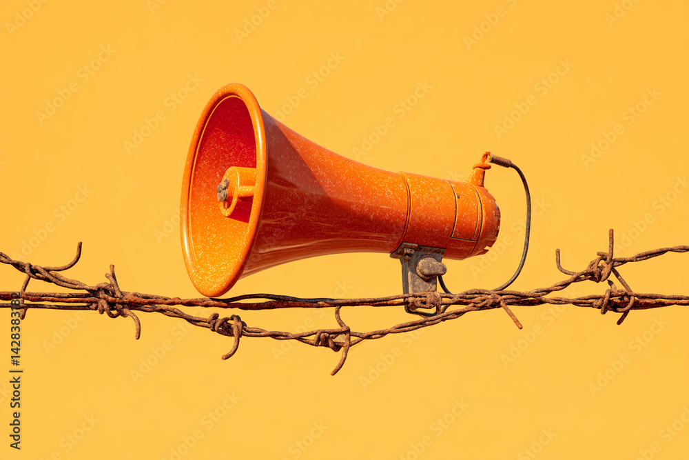 Poster orange megaphone attached to rusty barbed wire against yellow background, symbolizing restricted com