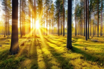 Fototapeta premium Sun rays shining through pine trees in forest illuminating mossy ground with golden morning light