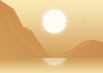 Mountains landscape and rising sun illustration. Mountains peaks near water edge gradient poster