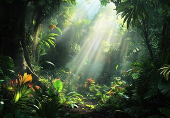 Obraz premium Serene Jungle Scene with Sunlight Beaming Through Lush Foliage and Vibrant Flora, Capturing the Essence of Nature's Tranquility and Beauty