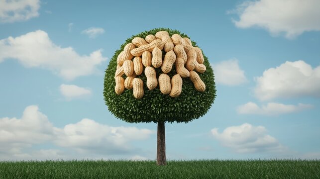 A whimsical tree topped with peanuts instead of leaves, set against a bright blue sky and green grass, creating a surreal and playful scene.