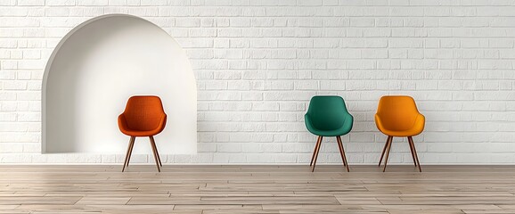 Colorful chairs in modern interior with brick wall and arched niche