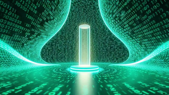Glowing Column Surrounded by Binary Code in an Abstract Digital Environment